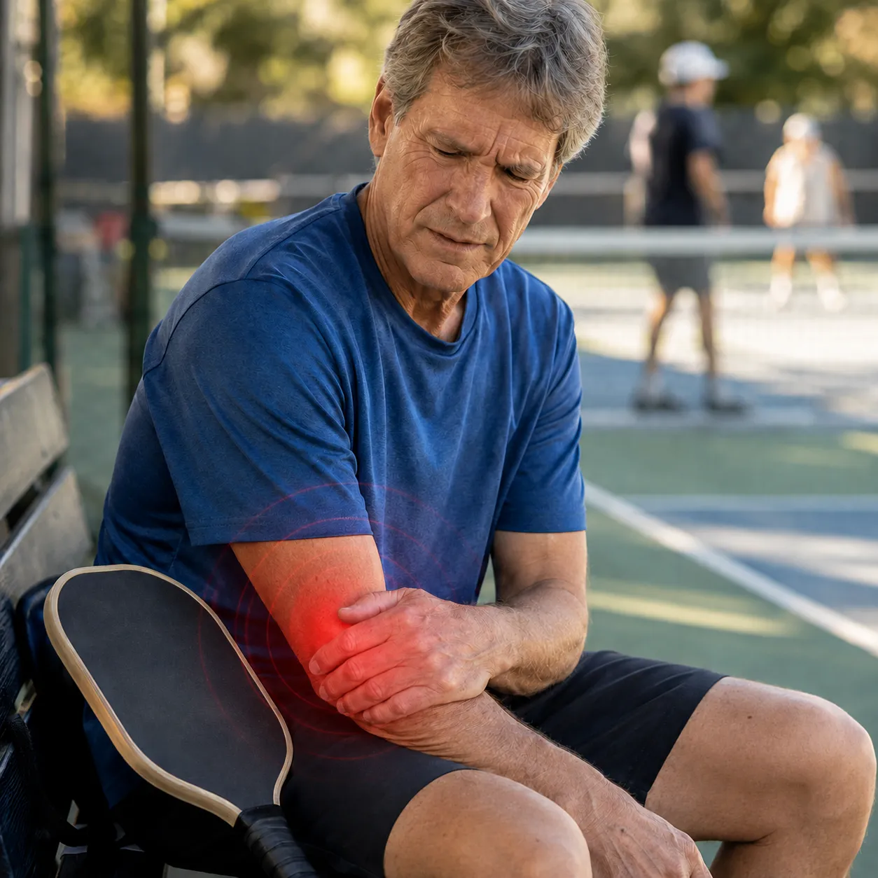 Pickleball player gripping his elbow in pain on the court