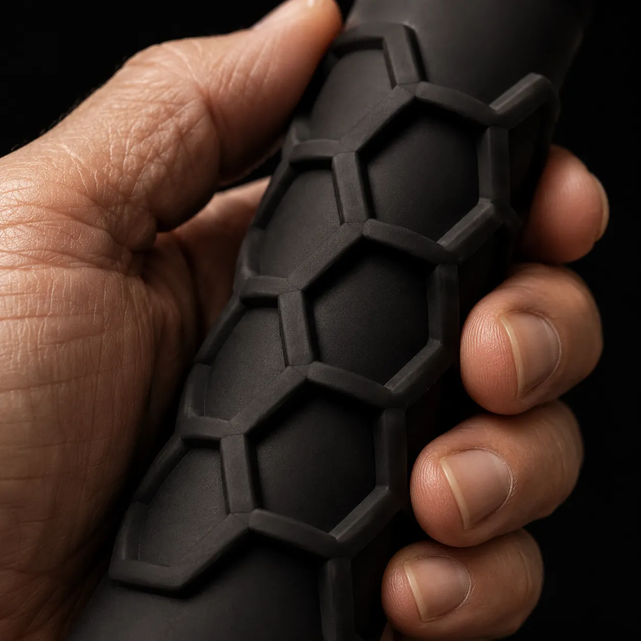 Close-up of a hand gripping the Hexa-Core honeycomb silicone undergrip